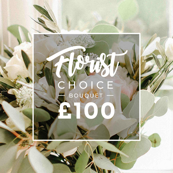 From a craftsman's eye, this close-toned, square design shows a lush Florist Choice Bouquet in white and green. Dominant white blooms-perhaps garden roses, peonies, or ranunculus-are set against a profusion of eucalyptus and olive foliage, textures ranging from velvety petals to silvery leaves. The lighting is soft and natural, creating gentle shadows that lend depth to the arrangement, while the background remains softly blurred to keep focus on the bouquet. Centrally placed is a translucent white square overlay bearing crisp white text. The top script word 'Florist' flows gracefully, followed by the neat 'CHOICE' and 'BOUQUET' in capital letters, with a smaller '?100' displayed below. The image markets a premium, bespoke floral product for a Farnborough audience seeking luxury gifts or wedding accents, or simply a statement bouquet. The sense of freshness and artisanal care suggests it is available for same-day delivery across Farnborough and nearby towns, bringing a touch of refined cheer to birthdays, congratulations, or anniversaries. Its tactile textures invite a closer look: velvet petals, feathery greens, and the crisp overlay harmonize to tell a thoughtful gift story, perfect for celebrations near North Camp or Westmead.
