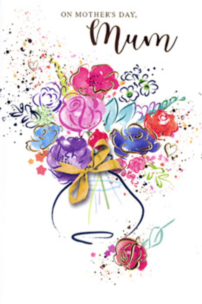 Expressive Mother's Day card illustration portraying an exuberant bouquet of watercolour flowers, rendered with the same free-flowing creativity a Farnborough florist might show when planning a bespoke arrangement for delivery across Southwood and the surrounding areas. The blooms are painted in sweeping gestures of hot pink, cerise, and indigo, with pockets of apricot and chartreuse emerging between the petals, suggesting variety and depth without strict realism. Each flower seems to merge slightly into the next, colours bleeding gently together in a way that captures the layered, unconditional love many feel for their mum. Fine touches of metallic gold outline parts of the petals and leaves, creating a soft, luminous halo that echoes the glow of a mother's embrace. Behind the bouquet, the white background remains mostly untouched, punctuated only by splatters of paint and tiny heart shapes that look like joyful notes scattered across the page, giving the piece a sense of movement and celebration. A whimsical vase sits at the base, its contours loosely defined by curved strokes and accented with a neat golden bow, reminiscent of the finishing touches added before a hand-tied bouquet leaves a Farnborough workshop for same-day delivery. The arrangement feels both modern and timeless, like something that could sit proudly on a kitchen table near Farnborough Main station or brighten a quiet living room on the edge of town. This painted bouquet invites the viewer to feel gratitude and admiration, turning a simple card into a keepsake that captures the essence of Mother's Day-warm, thoughtful, and full of colour.