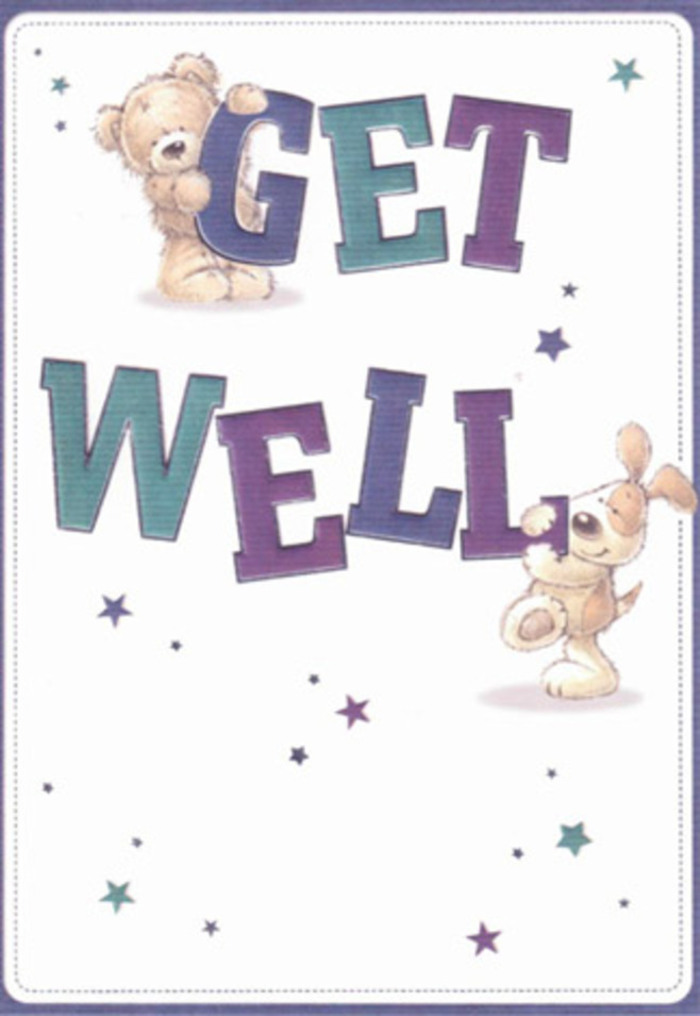A scene filled with gentle reassurance, this get well card features two delightful companions-a teddy bear with softly sketched fur and a puppy with floppy velvet ears-working together to deliver a heartfelt wish of wellness. The design is anchored by robust, friendly letters shaded in rich purples and aquas, which leap boldly from the background and seem to glow with quiet energy under the natural light, much like a colorful floral display in a window on Alexandra Road. Playful stars scatter joyfully across the white, evoking little bursts of happiness that seem to float through the air, each one a reflection of goodwill. The palpable softness of the bear and puppy makes the artwork feel almost touchable, inviting the kind of soothing comfort you'd expect from a cozy corner of Farnborough's North Camp. Every brushstroke is carefully positioned, reminiscent of the attentive way local florists assemble get well arrangements for delivery throughout the town. This card's gentle optimism feels rooted in the community spirit; its bright mood and innocence are as uplifting as the fresh air in King George V Playing Fields, making it a perfect pairing to locally gathered flowers wishing recovery for a friend or loved one.