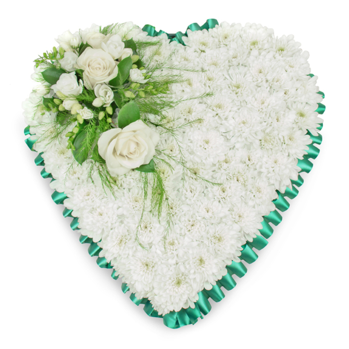 Classic white chrysanthemum heart with clustered white roses and lush greenery, a serene sympathy tribute available in Farnborough.