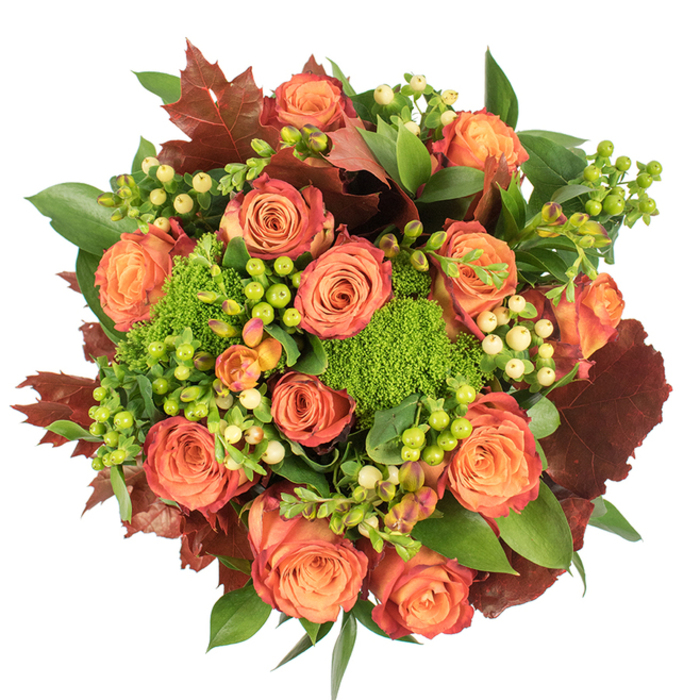 Captured from above on a clean white field, this densely packed autumn bouquet reads like a carefully curated foraging of seasonal colour in the heart of Farnborough. The arrangement is anchored by numerous large roses, each blossom opening into layers of soft peach that deepen through coral into vibrant orange, while some outer petals carry a reddish-rust tint that evokes the palette of Farnborough's avenues in October. Interspersed within the roses are clusters of Hypericum berries - bright lime-green spheres beside creamy, pale-yellow beads - creating jewel-like highlights that play against the matte petals. The composition gains unexpected, tactile contrast from tufts of Green Trick dianthus, their moss-like, almost succulent texture providing both visual surprise and a fresh green note. Scattered throughout are substantial lobed leaves in rich burgundy and burnt-orange tones, lending an autumnal architecture to the bouquet and a comforting, grounded presence reminiscent of an afternoon stroll around Princes Gardens. Lush green foliage fills negative space, adding depth and a sense of abundance, while the soft, even lighting reveals the velvety petal surfaces and the glossy sheen of the berries. The overall mood is warm, generous and quietly sophisticated - an ideal choice for Thanksgiving, a seasonal home accent, or a heartfelt gift for someone in Cove or Southwood who appreciates the layered beauty of autumn. The piece combines expert floristry with natural colour harmonies to evoke harvest, gratitude and comfort.