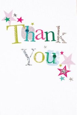 This exuberant thank you card radiates delight, the design combining jubilant colours with playful patterns that evoke the cheerful energy of Farnborough's tree-lined parks and welcoming streets. The words 'Thank You' stretch across the front in a charmingly stitched font, each letter bursting with its own unique hue and detail-sunny lime green, lively magenta, and serene blue-mirroring the kaleidoscope of shades seen in fresh local arrangements. Some letters glimmer in silver or are touched with delicate spots and stitches, suggesting the personal, thoughtful care familiar to customers of Flower Delivery Farnborough. The white backdrop feels as pristine as a blank page, drawing all attention to the celebratory swirls and stars that orbit each word like confetti drifting after a fete in King George V Park. Gold, teal, and deep pink stars punctuate the corners, accenting the gentle shower of appreciation. There's a subtle texture to the print-glitter catching the daylight-as if inviting the recipient to trail their fingers along the raised accents. Thoughtful, tactile, and sincere, this card would partner perfectly with a hand-tied bouquet delivered to a neighbour in North Camp, expressing thanks with creativity and warmth. The overall mood, like a kindly moment shared between friends on a peaceful Farnborough morning, is one of authentic gratitude and heartfelt celebration.