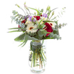 This sophisticated bouquet, expertly arranged in a curved clear glass vase, radiates with the kind of natural beauty found in Farnborough's green spaces-ideal for anyone seeking to mark a special occasion with elegance and warmth. At the arrangement's heart, velvety deep red roses unfurl in full bloom, exuding timeless romance and depth. Flanking them are crisp white gerbera daisies, their dainty petals bright and uplifting, reminiscent of sunlight dancing across open lawns in Cove Green. Misty purple lisianthus, blending open ruffles and slender buds, weave a sense of softness and gentle promise throughout, while baby's breath-like white clusters add subtle fullness and delicate contrast. The arrangement is enveloped by abundant evergreen foliage: rounded, silvery eucalyptus leaves echo a woodland fragrance and soft touch, their trailing stems providing a charming cascade, and sturdy emerald leaves form a structured, polished base, including an artfully sweeping arc that gives contemporary flair. The bouquet's fresh-cut stems are visible through the water-filled vase, reinforcing its vibrancy. More than a decorative display, this bouquet resonates with a sense of joyful celebration and thoughtful refinement, making it a memorable gift for birthdays, anniversaries, or just to brighten a home in Farnborough.